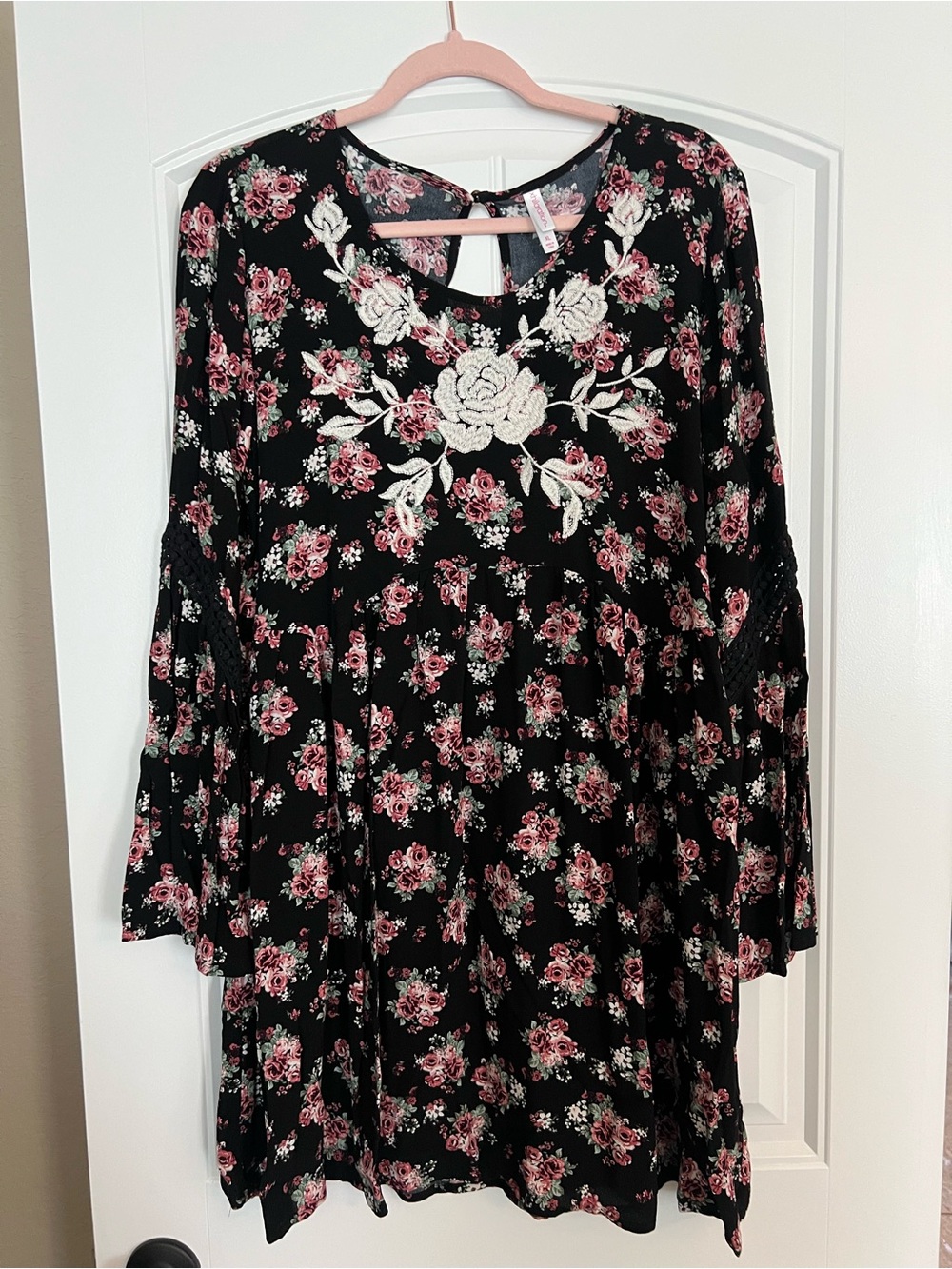 Xhilaration Black Dress with Pink Rose Print and White Lace Applique